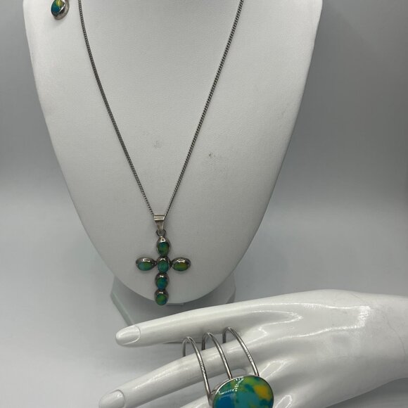 Mexico Sterling Rainbow Calsilica Necklace, Bracelet and Earring Set JP230 - Picture 5 of 9